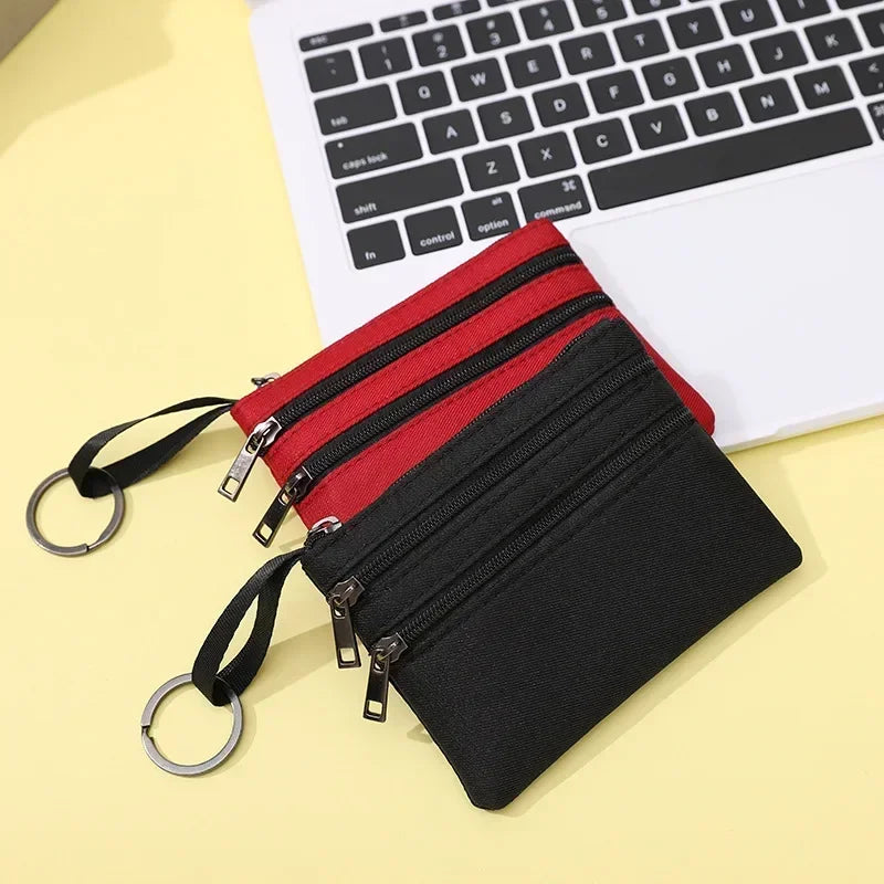 3 Zippers Canvas Coin Purse Women's Mini Wallet Solid Change Purses With Keychain Money Bags Coin Key Storage Bag Card Holder