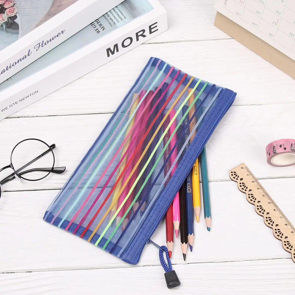 Fashion Zipper Pencil Case Solid Color Mesh Pen Bag Cosmetic Storage Rainbow Color Cosmetic Handbags Coin Purse Stationery