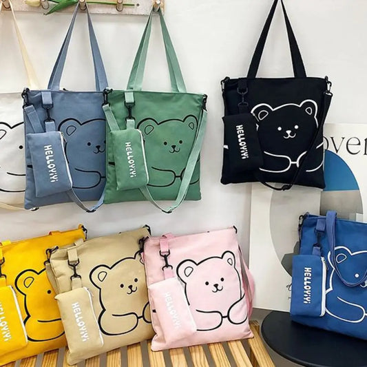 Cute Canvas Tote Bag with Pen Case, Large Capacity, Multifunctional Shoulder Crossbody Bag