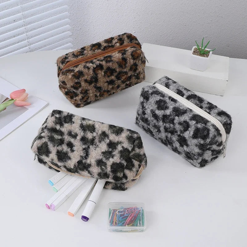 Leopard Print Soft Plush Travel Cosmetic Bag Lipstick Brush Toiletry Kit Storage Bag Women Makeup Handbags Organizer Pouch Bag