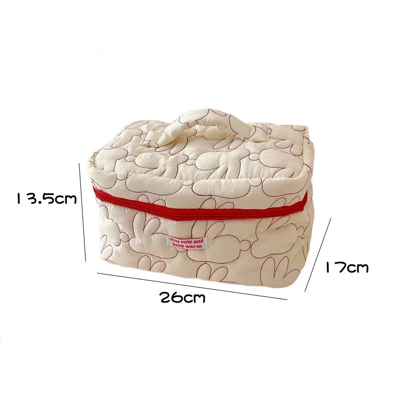 Ins Large Capacity Zipper Makeup Bags Rabbit Quilted Cotton Cosmetic Cases Cute Travel Storage Pouch Organizer for Women Handbag