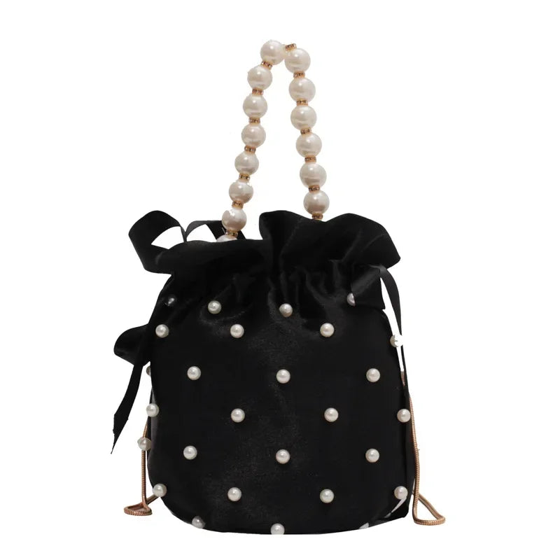 Luxury Women's Black Pearl Beaded Silk Bucket Crossbody Bag