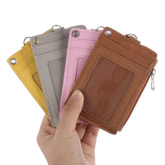 Portable PU Leather Coin Purse Wallet Keychain Office Work Business ID Card Credit Badge Holder Bus Cards Cover Zipper Pocket