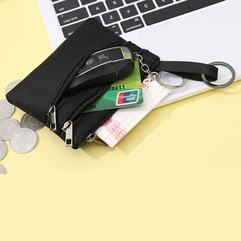 3 Zippers Canvas Coin Purse Women's Mini Wallet Solid Change Purses With Keychain Money Bags Coin Key Storage Bag Card Holder