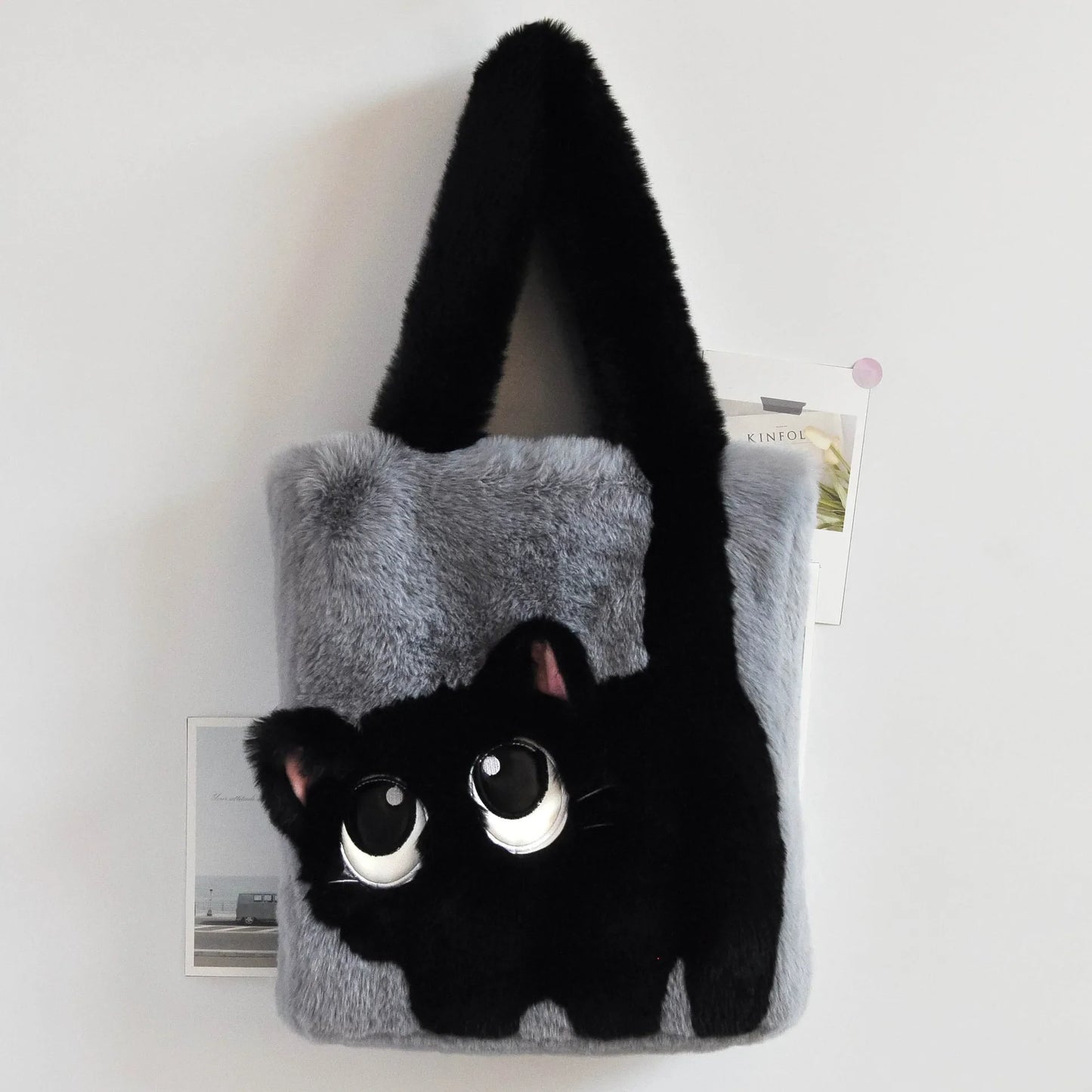 Winter Plush Cat Tote Bag - Large Capacity, Cute Cartoon, Embroidered Handbag