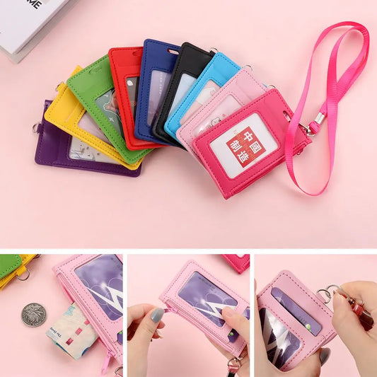 Fashion ID Badge Card Holder Colorful Leather Business Card Case Cover with Neck Lanyard Coin Purse Zipper Bag Wallets