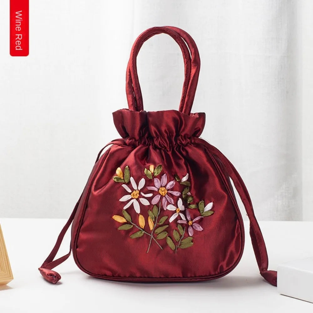 Mini Embroidered Flower Pattern Drawstring Bag Small Women Bucket Bag Top Handle Ladies Handbag Phone Bag Summer Purse