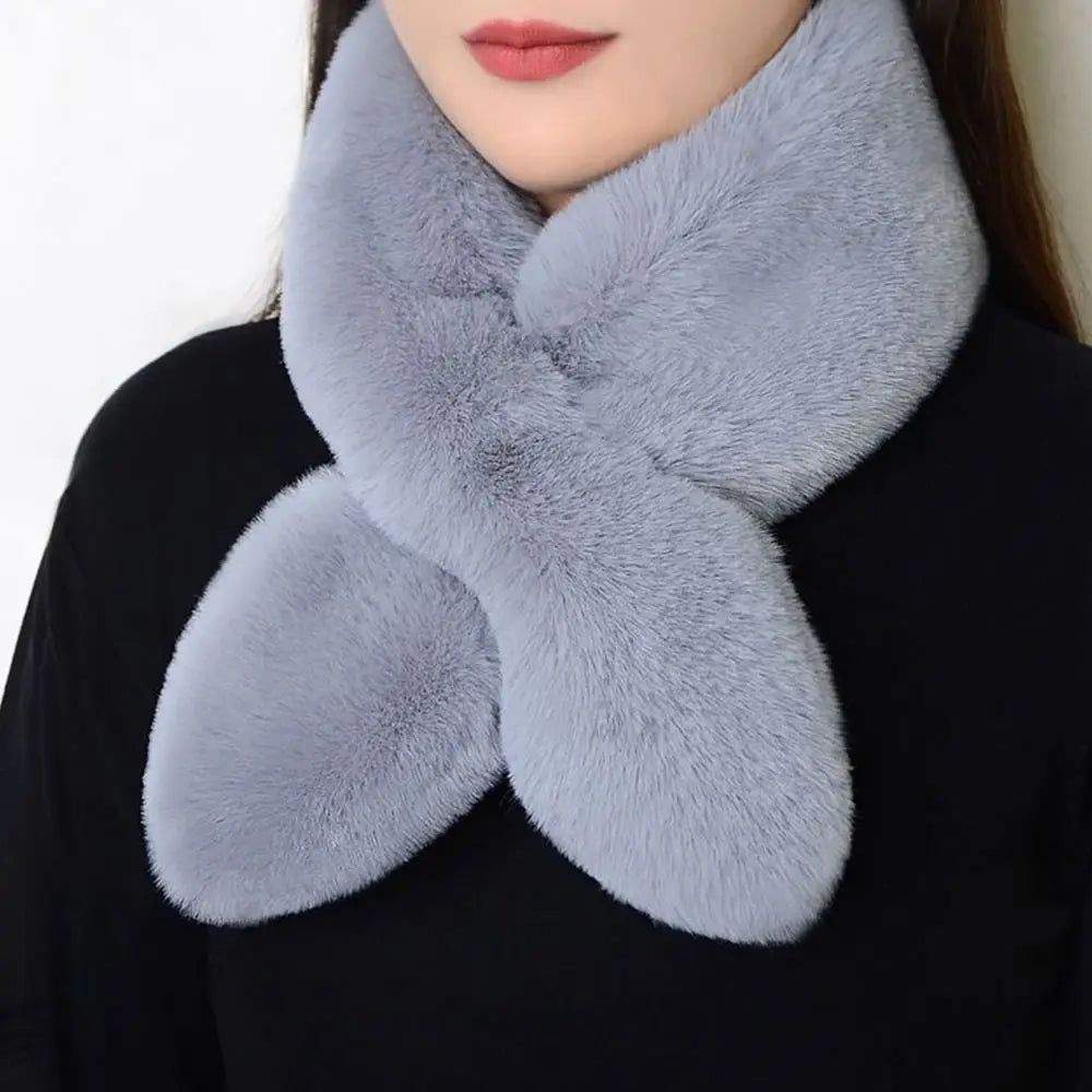 Women Girls Solid Color Cross Scarf Faux Rabbit Fur Plush Neck Scarf Thicken Shawl Neckerchief Wrap Winter Warm Neck Warmer