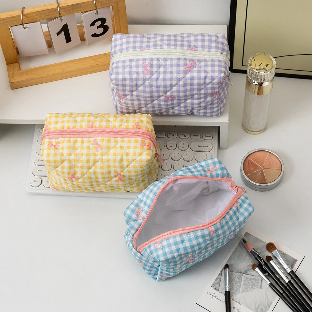 Women's Cosmetic Bags Bow Cute Cotton Makeup Bag Women Zipper Cosmetic Organizer Portable Toiletry Handbag