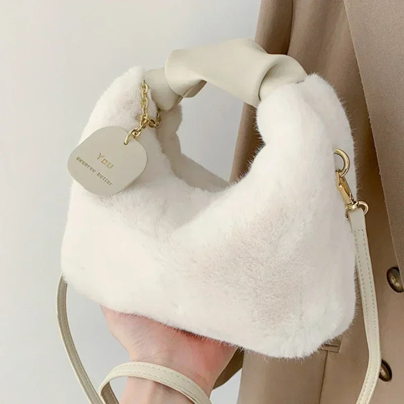 Women Faux Fur Plush Handbags Ruched Handle Small Lady Shoulder Crossbody Bag Casual Tote Half-Moon Hobos Winter Bags for Women