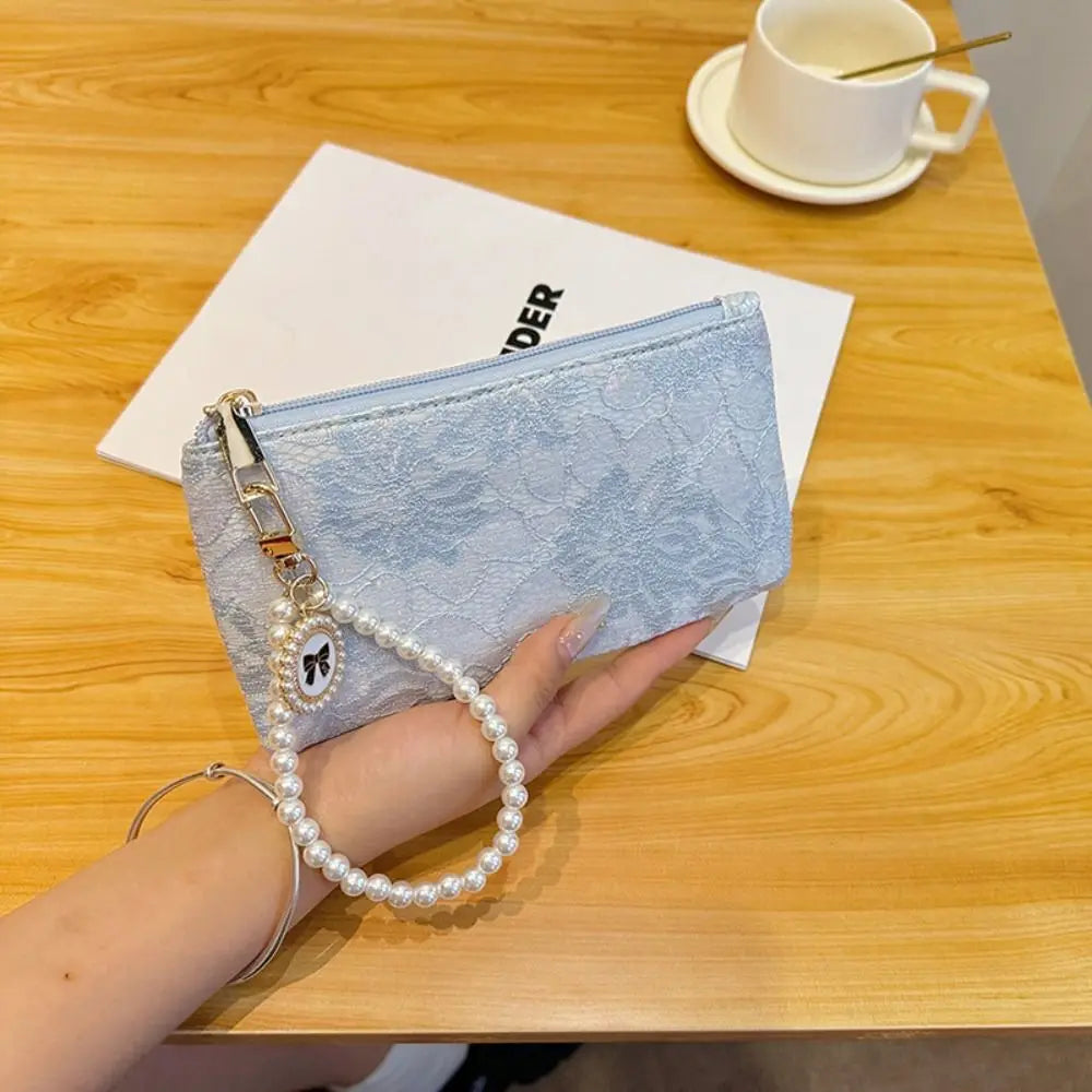 Fashion Elegant Large Capacity Women Wallet Pearl Chain Lace Coin Purse Clutch Bag Storage Bag Party Bag