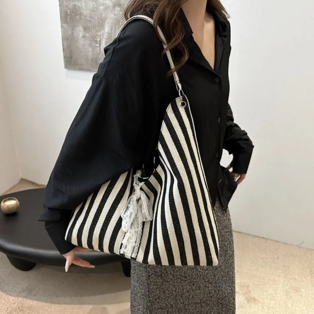 Canvas Stripe Tote Bag Large Capacity Shoulder Handbag