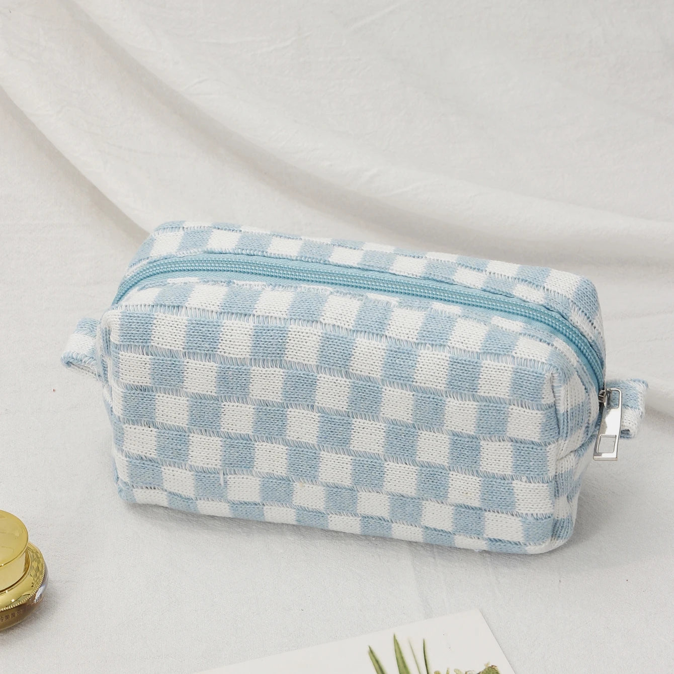 Checkerboard Cosmetic Bag Knitted Toiletry Storage Bag Colorful Makeup Pouch Organizer Checkered Pattern Cosmetic Bag