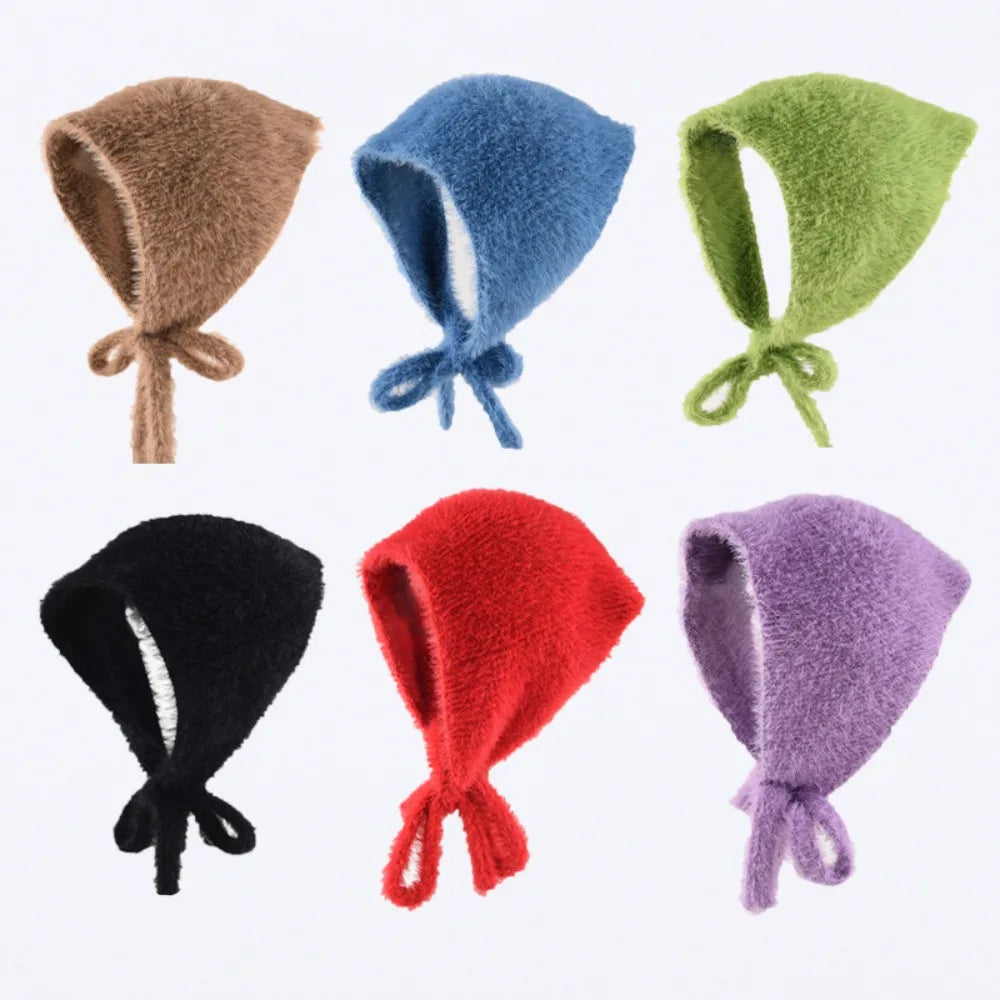 Fashion French Style Tie Headband Hat Plush Knitted Yarn Lace-up Cover Headband Keep Warm Triangular Scarf Autumn