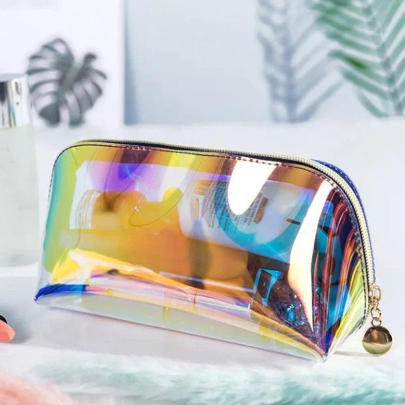 Laser Color Transparent Cosmetic Bag PVC Waterproof Wash Toiletry Makeup Bag Organizer Female Girls Zipper Make Up Beauty Case