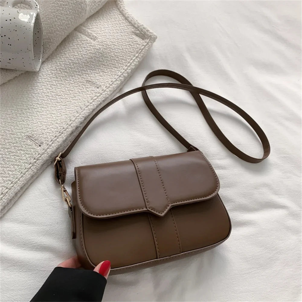 Women's PU Leather Crossbody Shoulder Bag - Simple Solid Color Flap Messenger Saddle Handbag