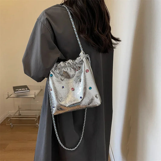 Luxury Designer Silver Leather Crossbody Bag with Chain