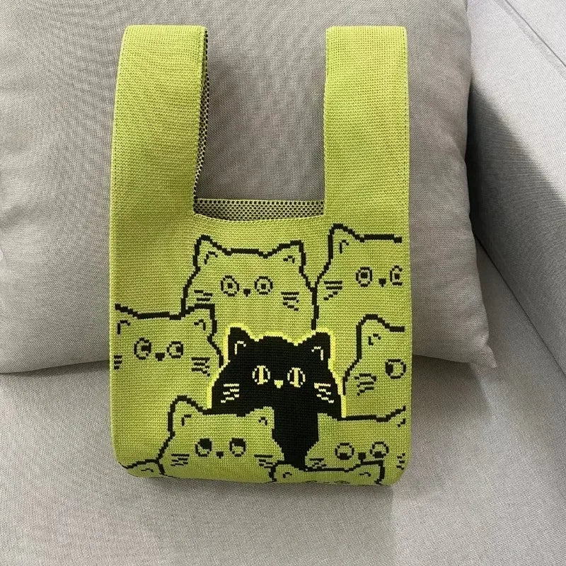 Cat Knit Handbag Casual Handmade Shopping Tote High-Capacity Wrist Bag for Women