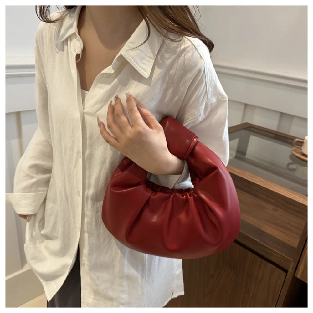 Women Pleated Clutch Bag Solid Color PU Leather Knot Wrist Bag Top Handle Handbag Fashion Simple Ladies Ruched Phone Pouch Purse